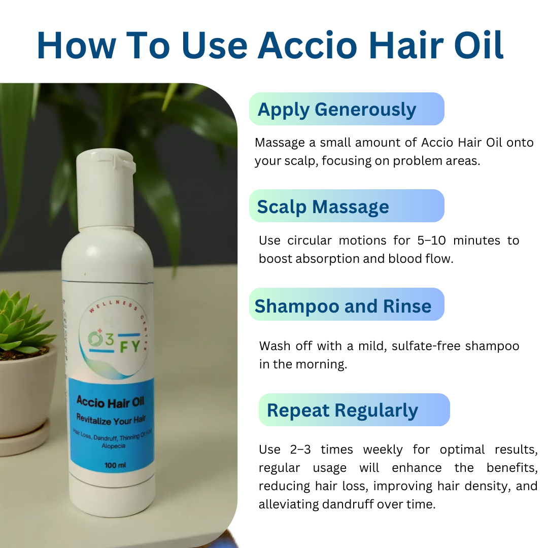 Accio Hair Oil bottle on a white surface surrounded by clouds, accompanied by step-by-step instructions on how to use the oil for optimal hair care and nourishment