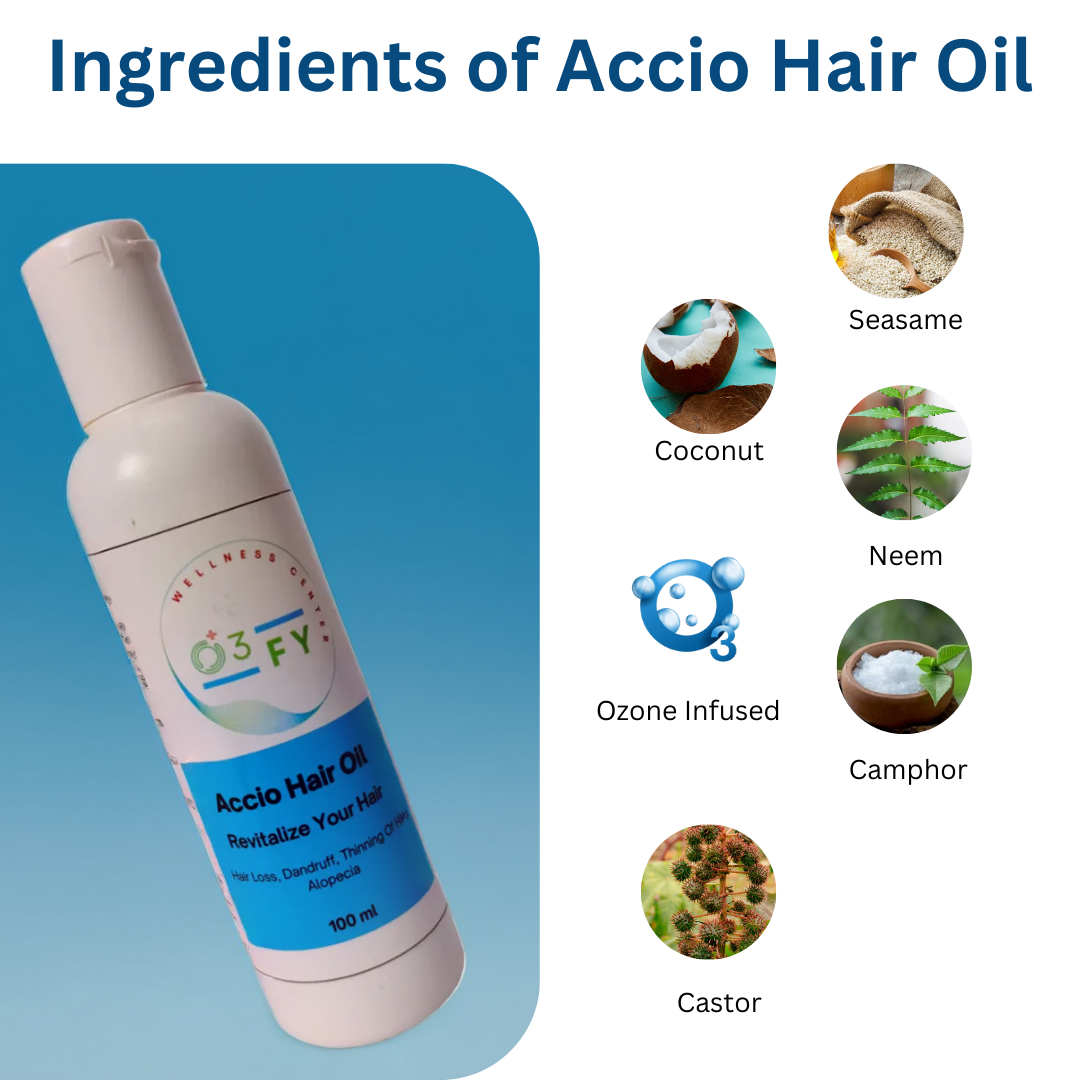 Accio Hair Oil bottle on a white surface surrounded by clouds, with ingredient illustrations like neem leaves, sesame seeds, castor, camphor, coconut, and ozone infused prominently displayed on the side, highlighting its natural and rejuvenating properties