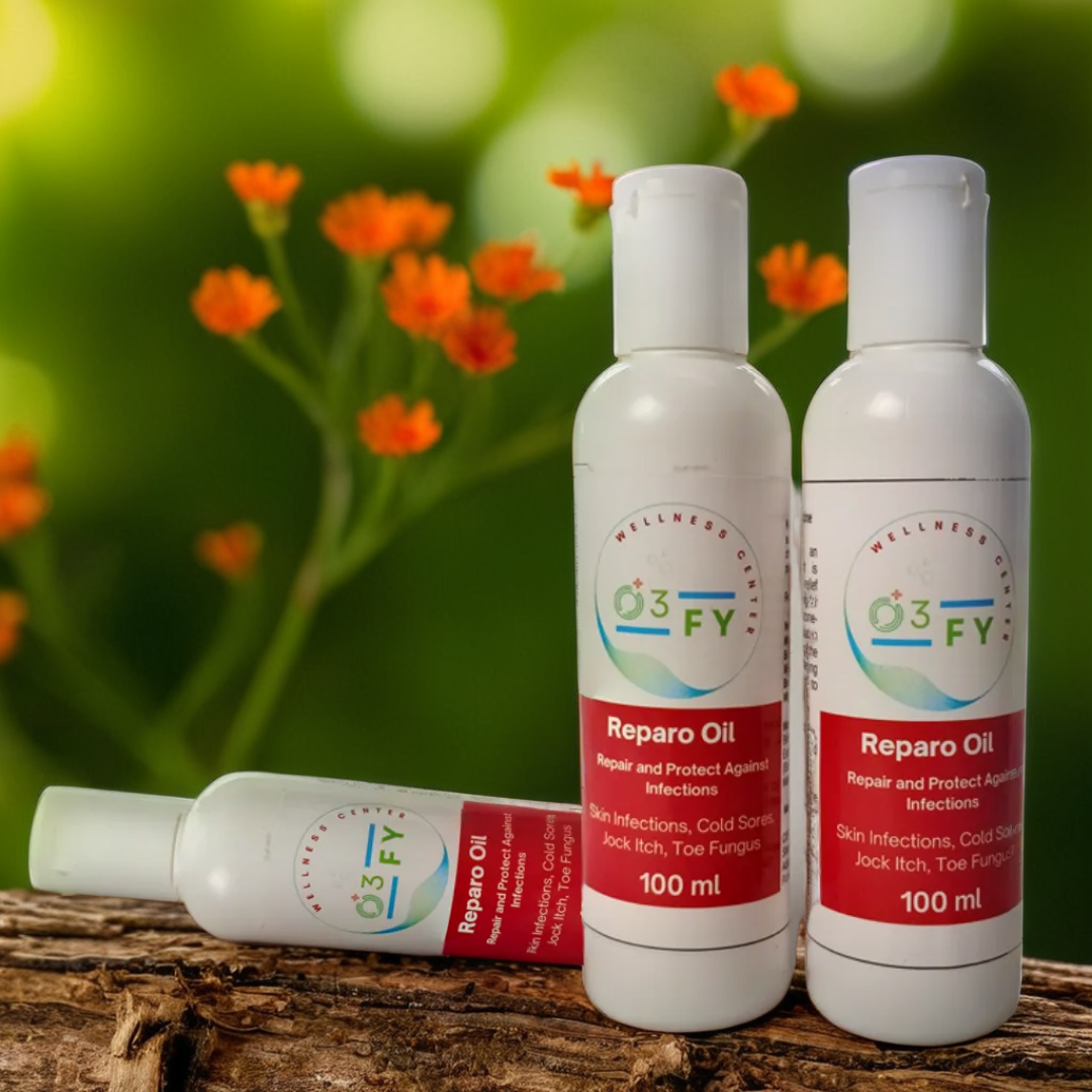 Three bottles of Reparo Oil placed on a wooden log, surrounded by delicate orange flowers, highlighting the natural and soothing qualities of the ozonated antimicrobial oil