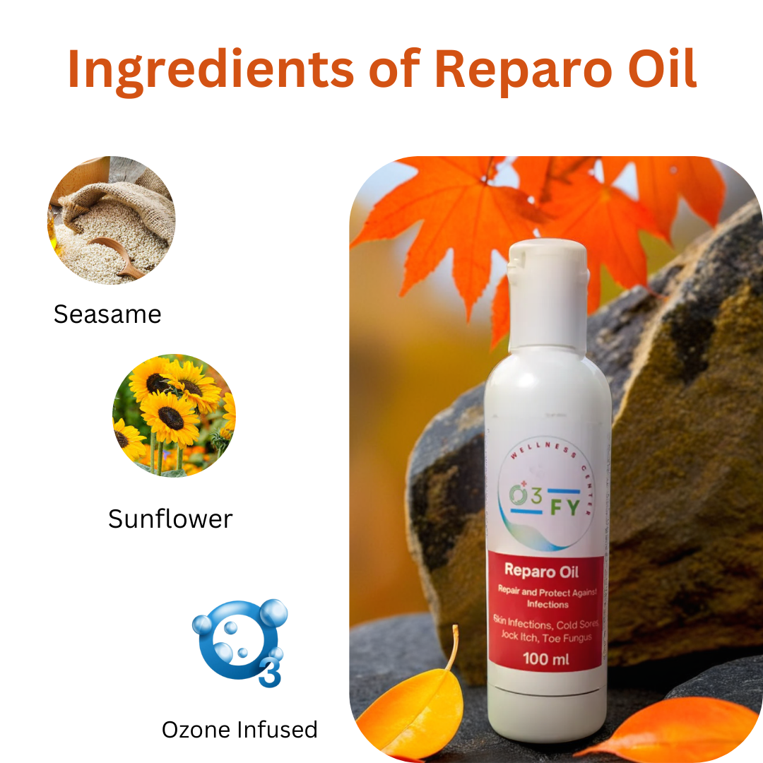 Reparo Oil bottle placed on a rock with vibrant orange leaves in the background, highlighting its ozone-infused formula and natural ingredients like sesame and sunflower oils, symbolizing its powerful healing and antimicrobial properties