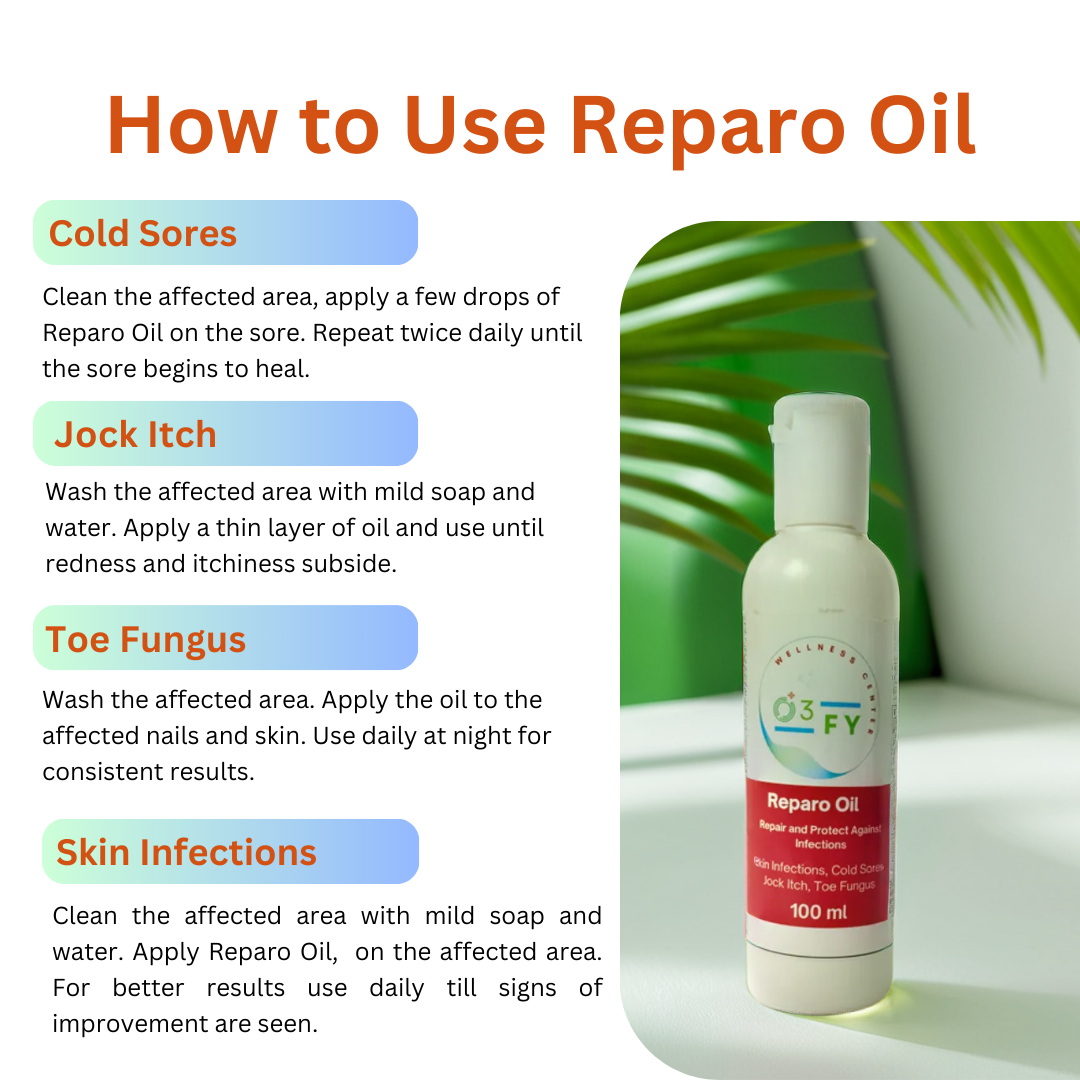Reparo Oil bottle against a clean white background, with text highlighting its uses for treating cold sores, jock itch, toe fungus, and other skin infections, showcasing its natural, ozone-infused formula