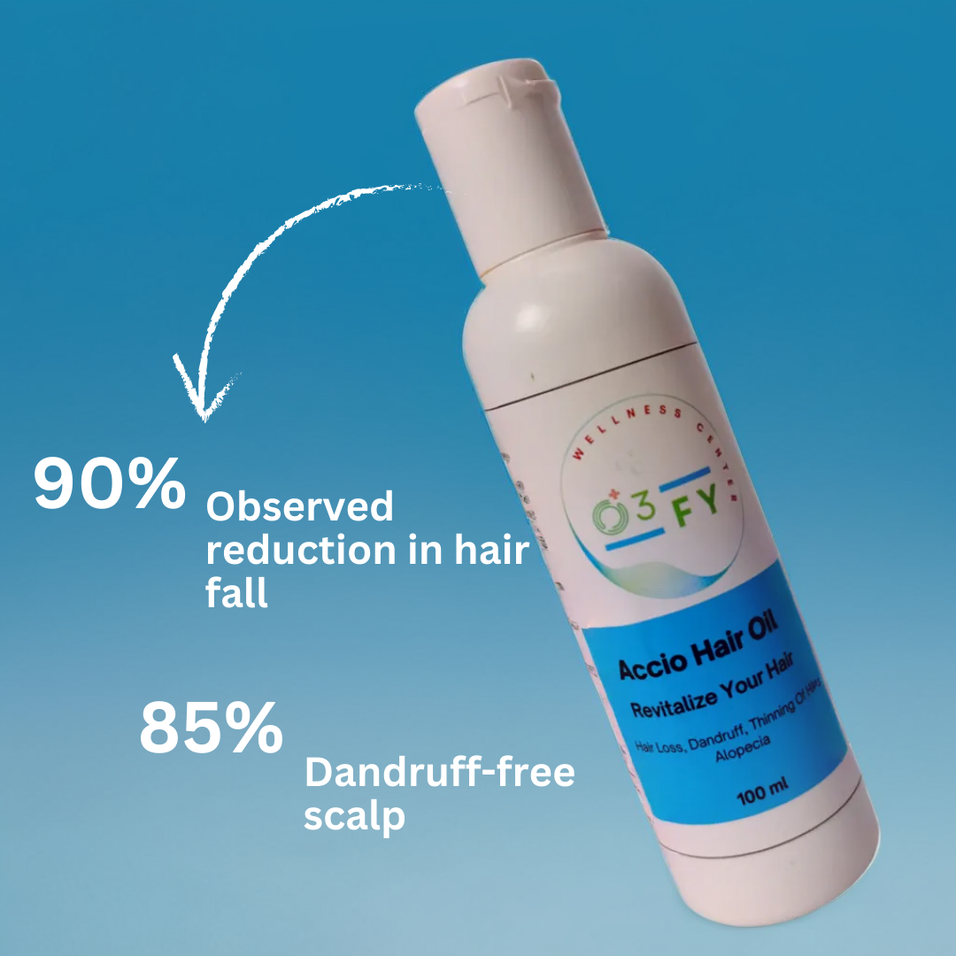 Accio Hair Oil bottle on a white surface surrounded by clouds, accompanied by positive user reviews and testimonials, emphasizing its popularity and effectiveness for hair care